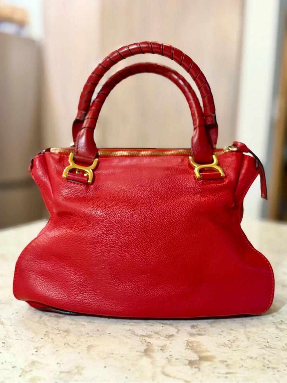 Chloé Large Marcie Satchel Double Carry Bag Red Grained Leather